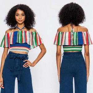 Navy Multi Stripe Off The Shoulder Crop Top